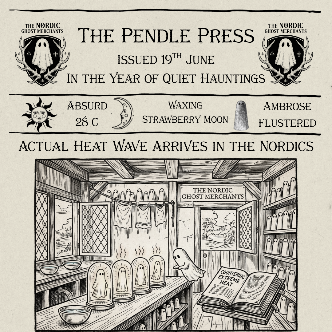 A 1600s woodcut image of the inside of a ghost merchant store called The Nordic Ghost Merchants.