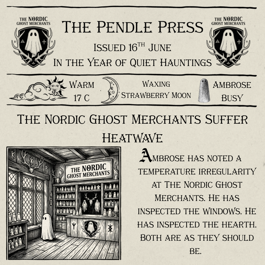 A 1600s style woodcut image of the inside of an old ghost merchant store. A small ghost inspects the windows and fireplace.