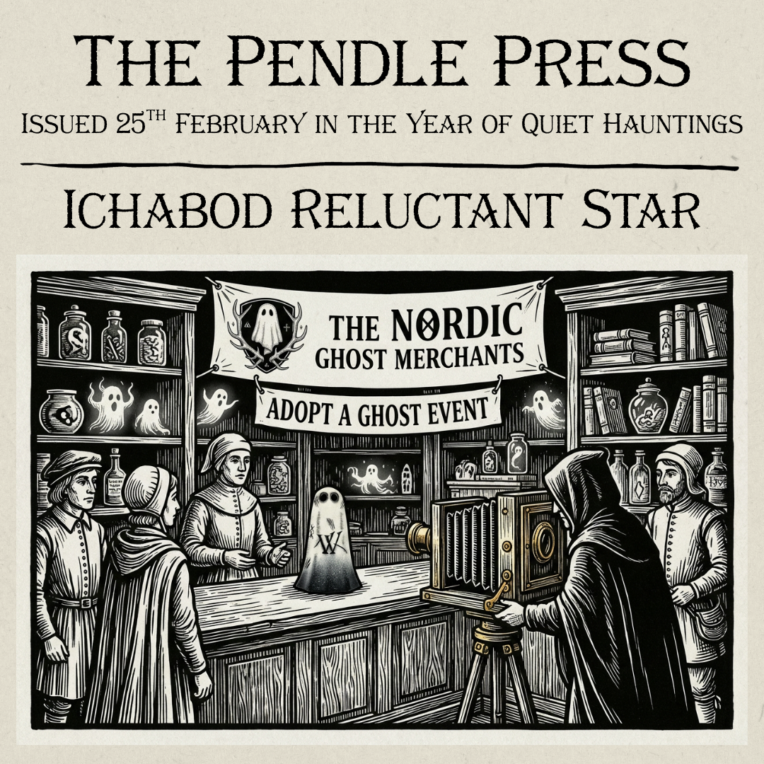 A wood block image of a small ghost figurine standing on the counter of a ghost merchant store.