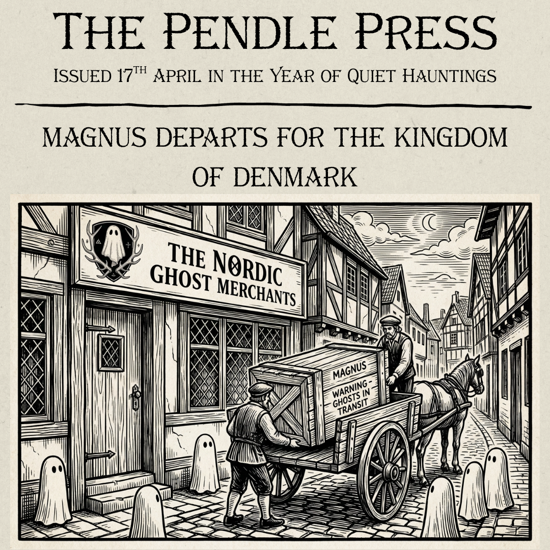 A shipping crate from The Nordic Ghost Merchants is loaded onto a cart. Ghost figurines look on