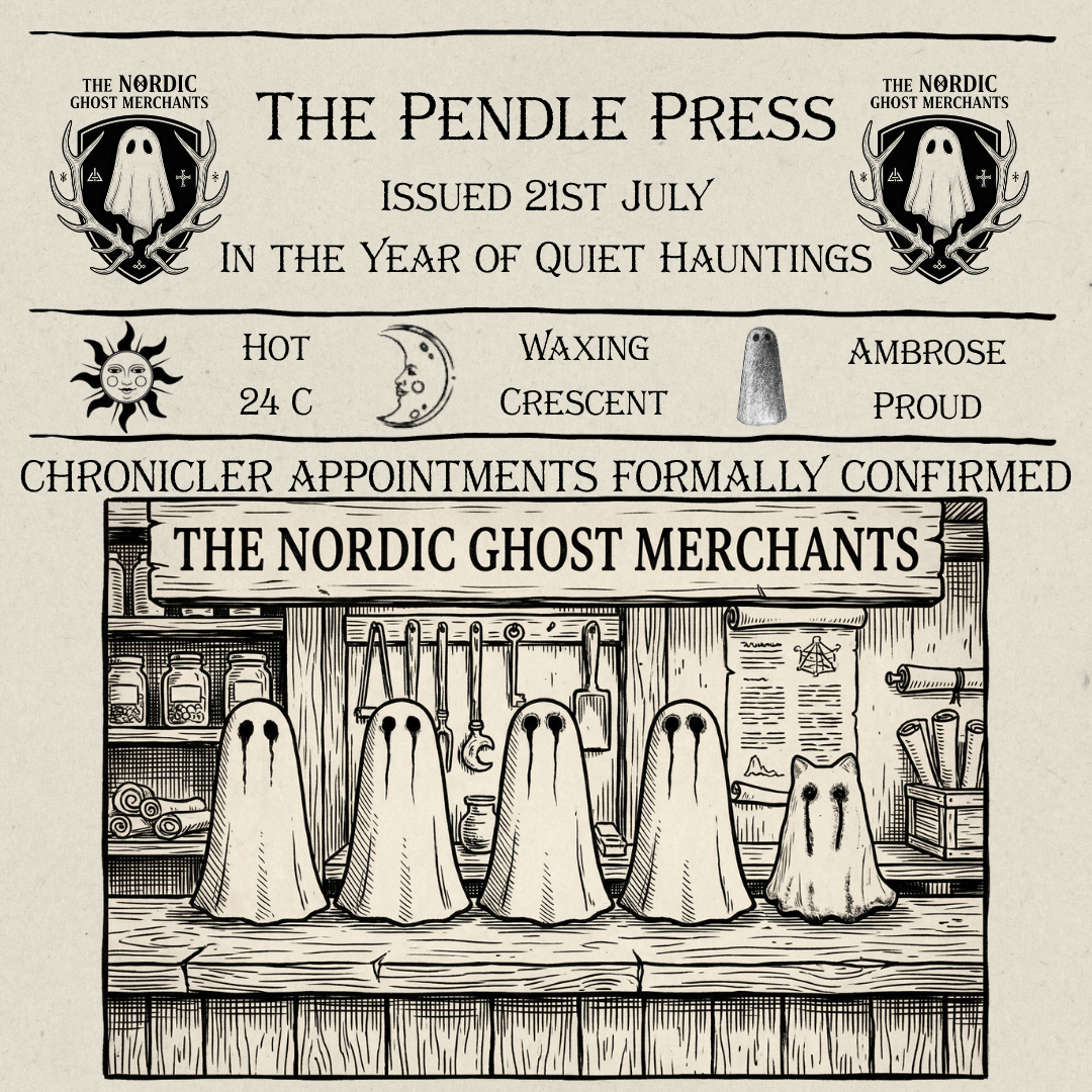 A 1600S woodcut style image of four small ghost figurines and a ghost cat figurine on a counter at The Nordic Ghost Merchants.