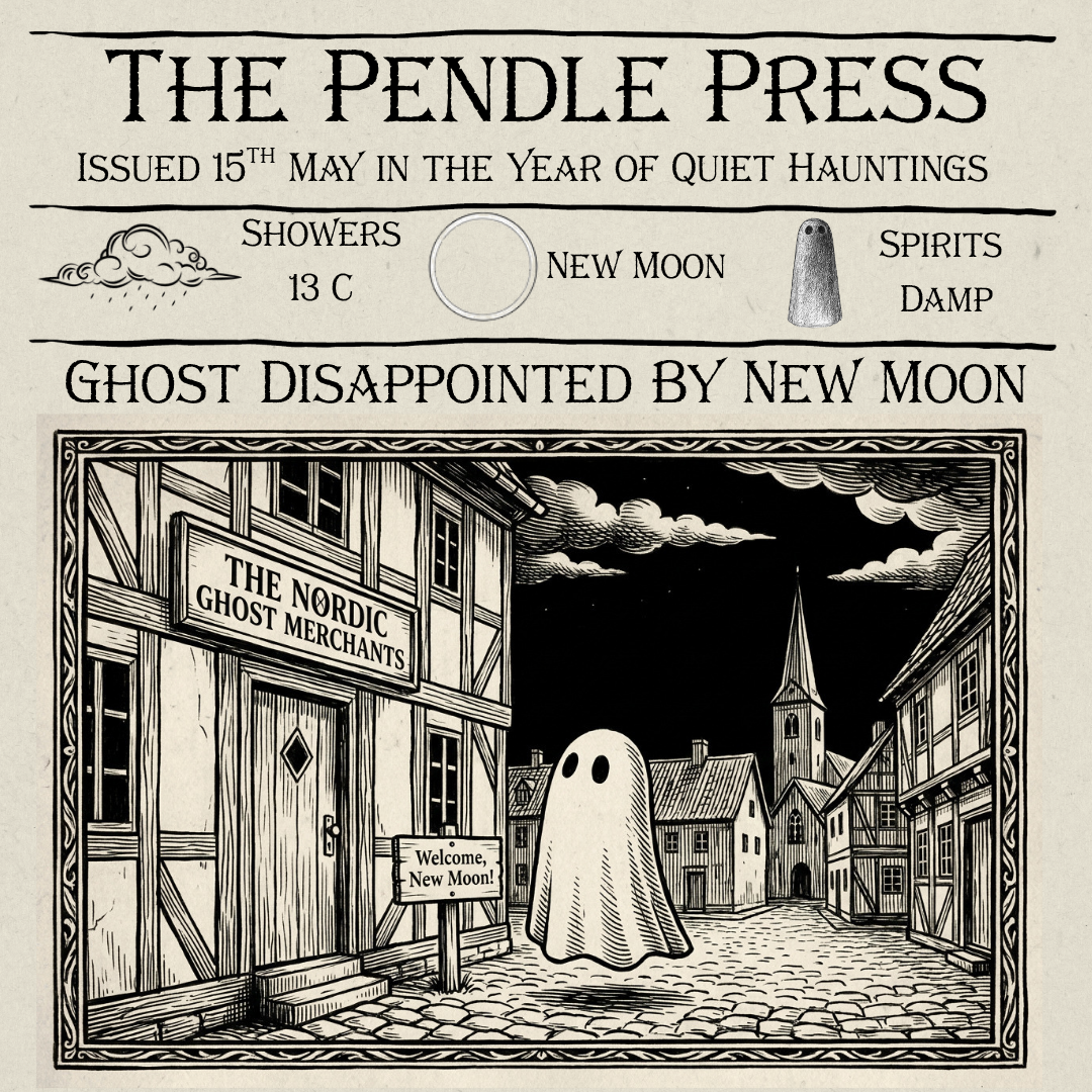 A woodcut image of a small ghost figurine staring at the night sky. The moon is not visible and the ghost has a little sign that reads "welcome, new moon."