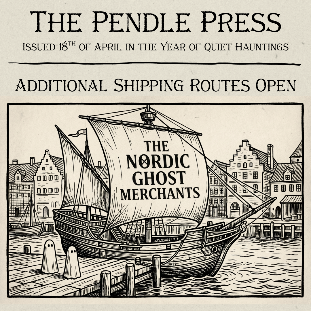 A 1600s style woodcut image of two ghost figurines by the side of an old fashioned merchant ship