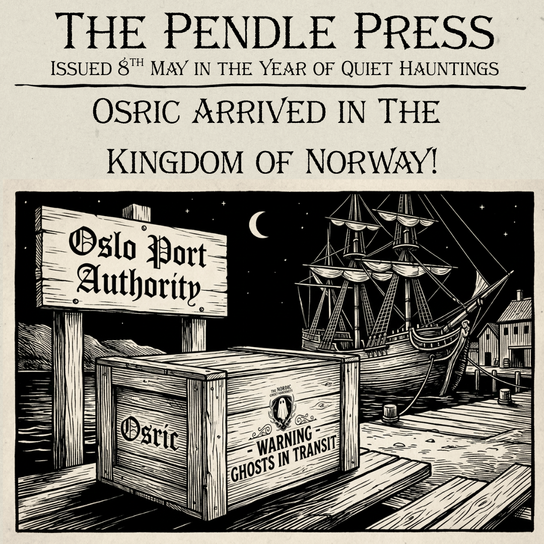An old fashioned shipping crate marked "Osric" and "Ghosts in Transit" sits on a dock in Oslo Harbour.