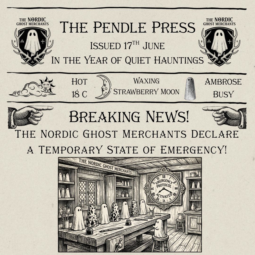 A faux newspaper article announcing The Nordic Ghost Merchants have declared a state of temporary emergency due to a shortage of ghosts figurines.