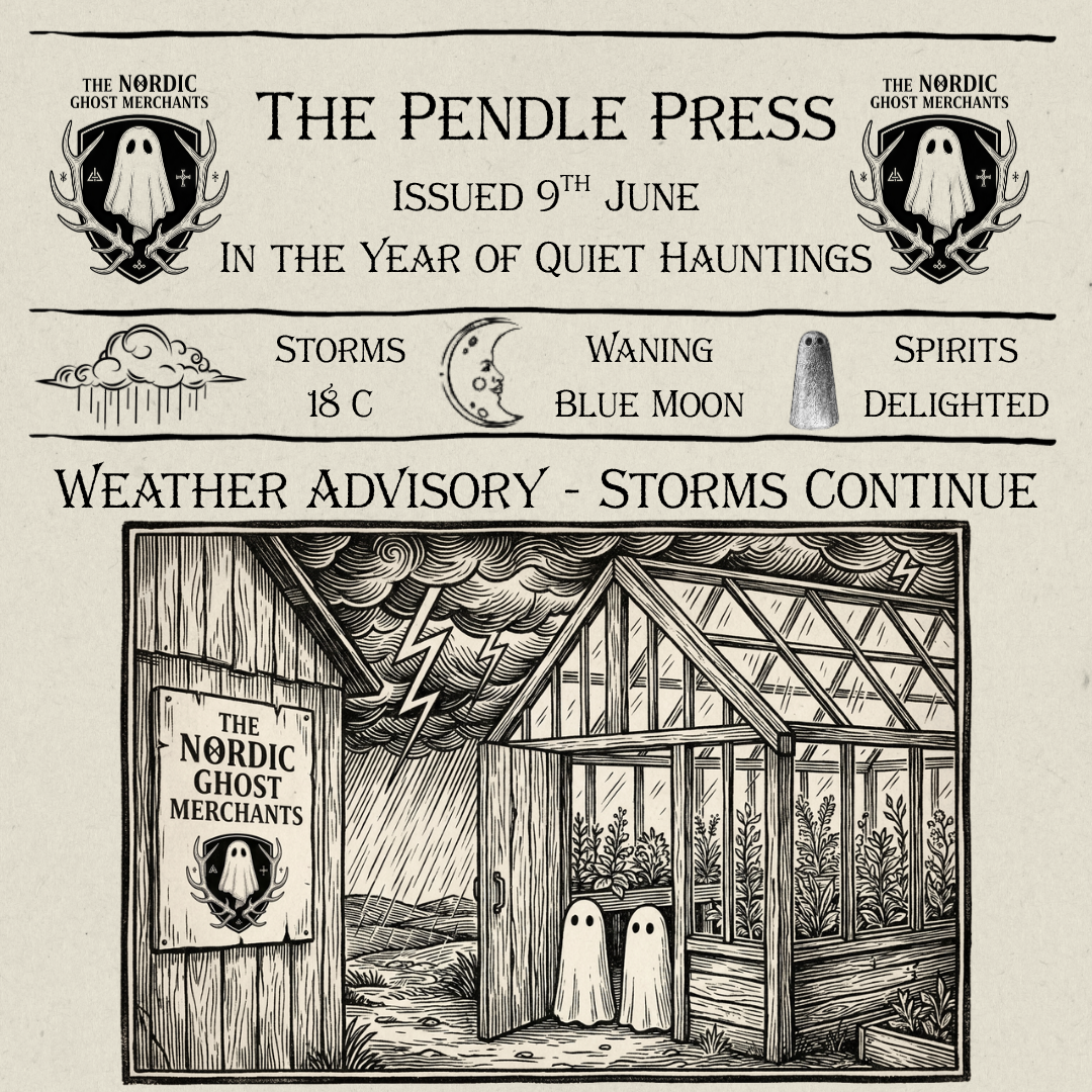 A woodcut style image of a Victorian greenhouse outside of The Nordic Ghost Merchants. Two small ghost figurines shelter inside from a storm.