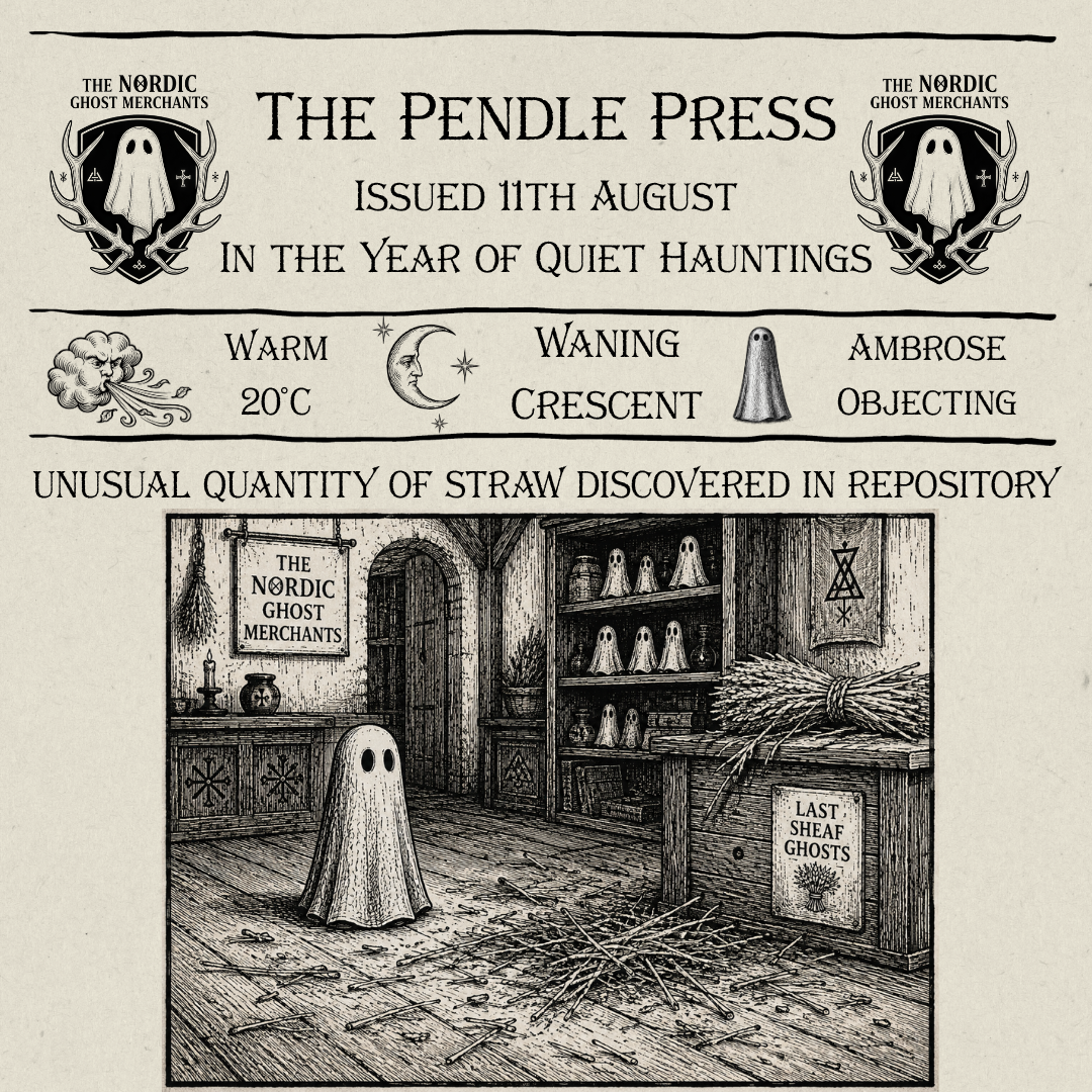 A 1600s woodcut style image of the inside of an old ghost merchant store called The Nordic Ghost Merchants