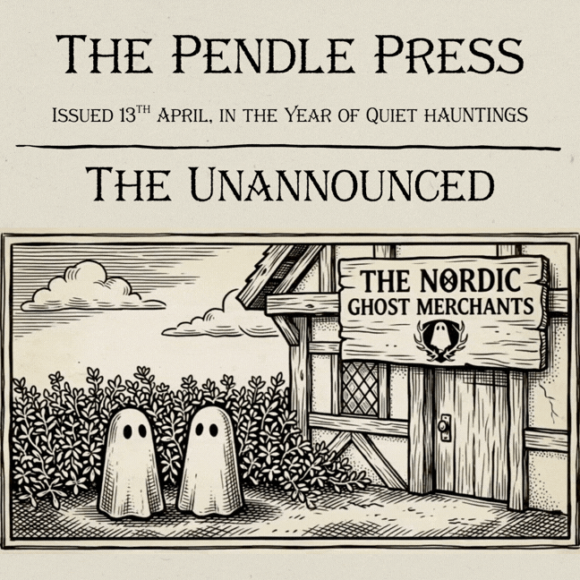 A 1600s woodcut image of two small ghost figurines outside The Nordic Ghost Merchants