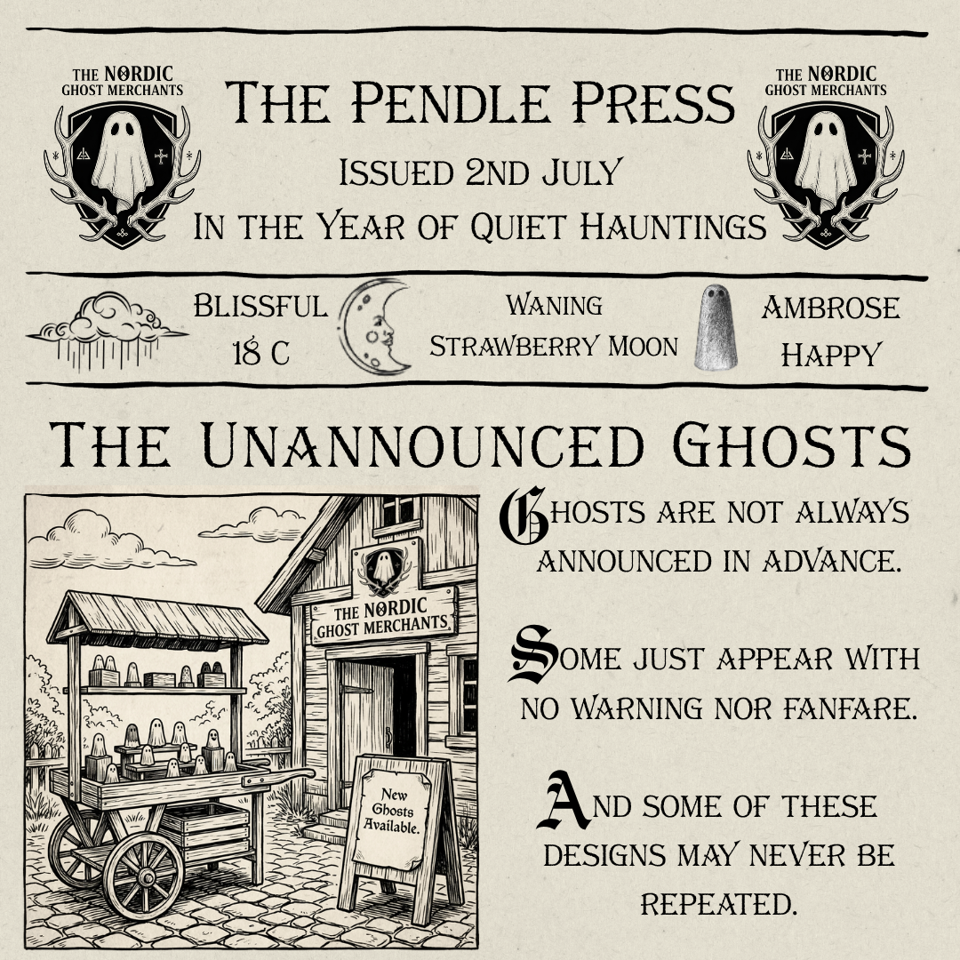 A 1600s woodcut style image of the outside of a ghost merchant store called The Nordic Ghost Merchants