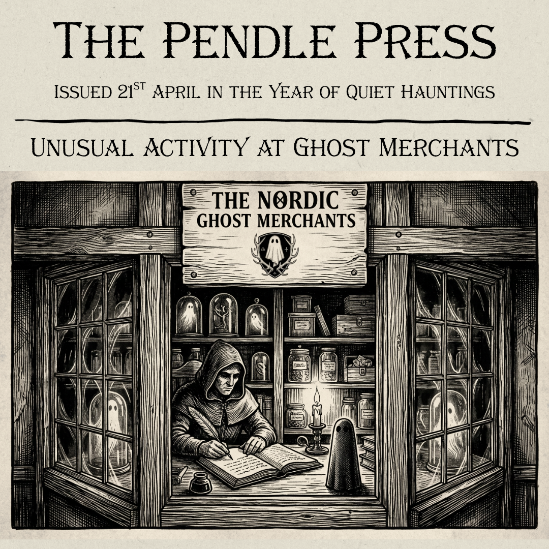 A blank ink drawing of a merchant, writing in a ledger as a small ghost figurine watches.