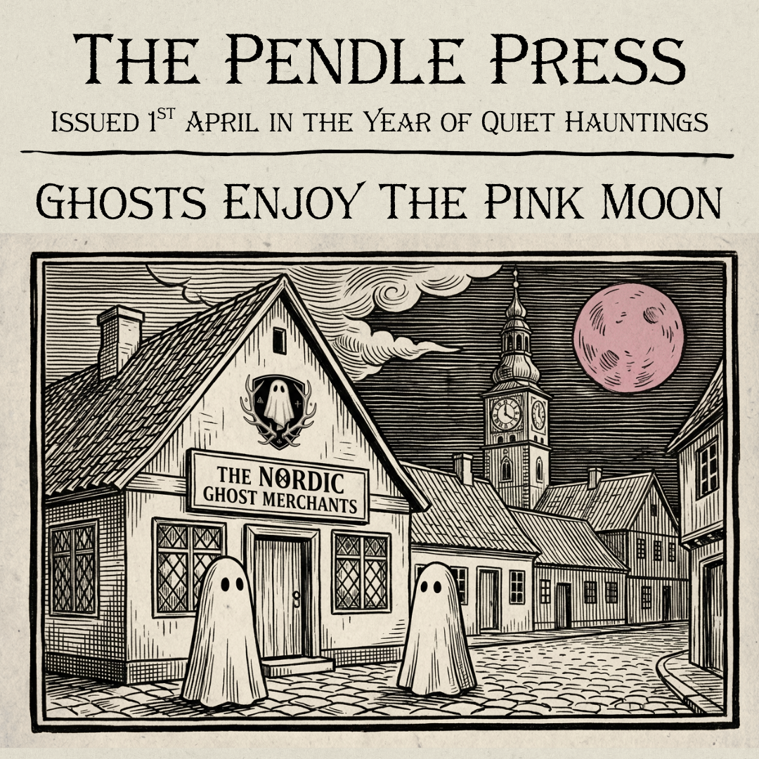 1600s woodcut style image of two small ghost figurines looking at a full pink moon outside of The Nordic Ghost Merchants shop