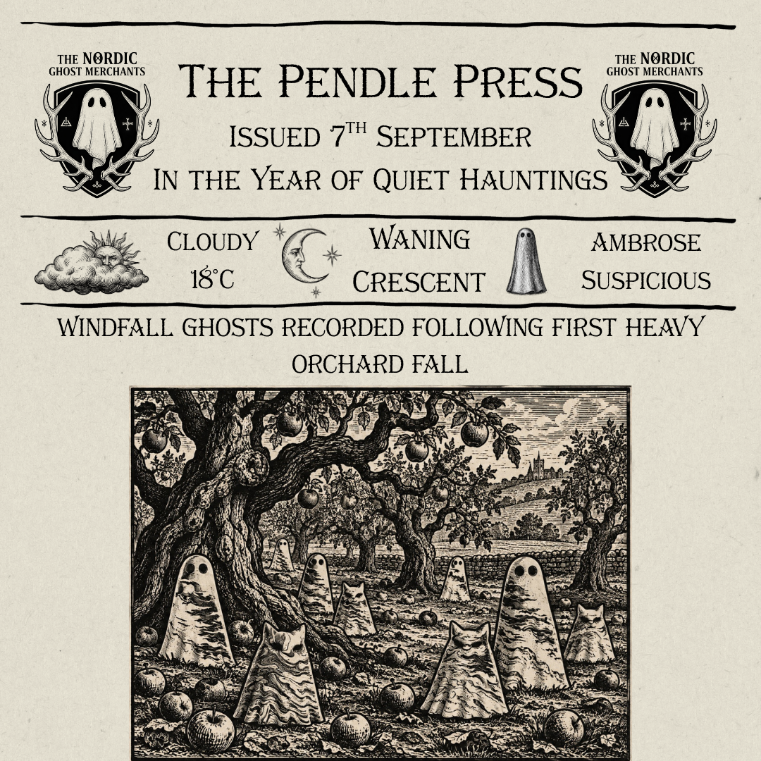 A 1600s woodcut style newspaper titled The Pendle Press. An image shows an old orchard, full of gnarled, ancient apple trees. Scattered on the ground are windfall apples, amongst small marbled ghost figurines made by The Nordic Ghost Merchants