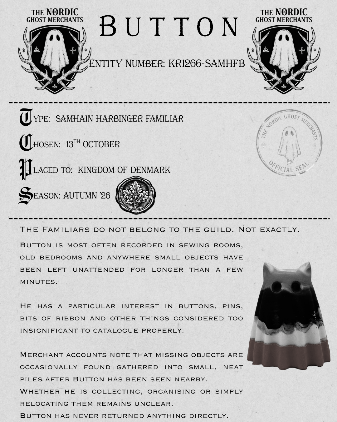 The Samhain Harbinger Familiar Ghost Figurine - Button