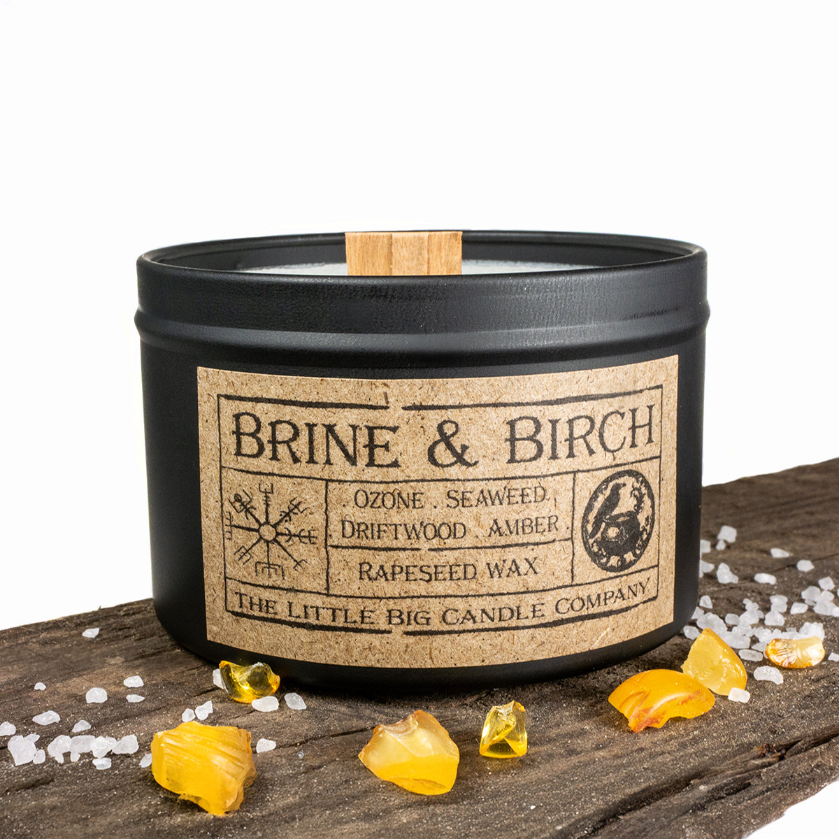 Brine & Birch candle in black matte tin, rapeseed wax, sea salt and driftwood fragrance, inspired by northern winds.