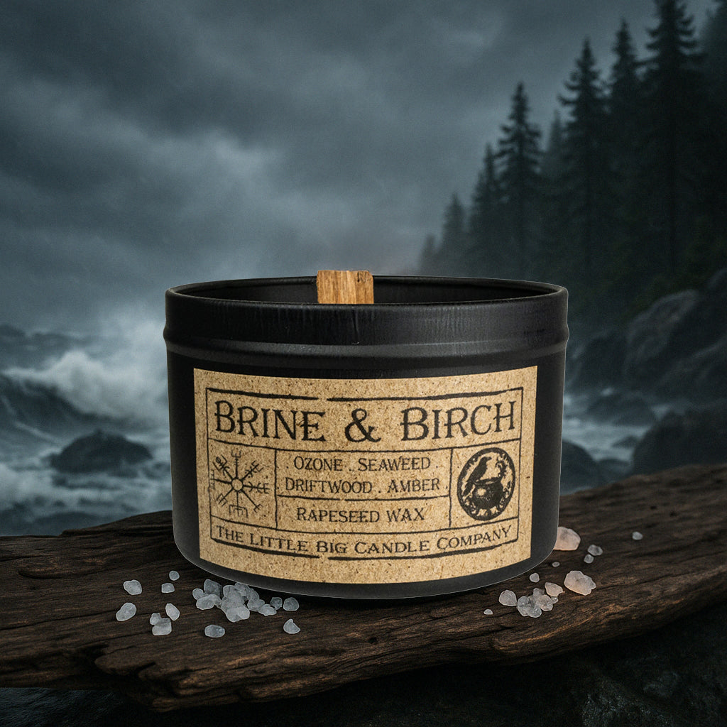 Brine & Birch candle in black matte tin, rapeseed wax, sea salt and driftwood fragrance, inspired by northern winds.