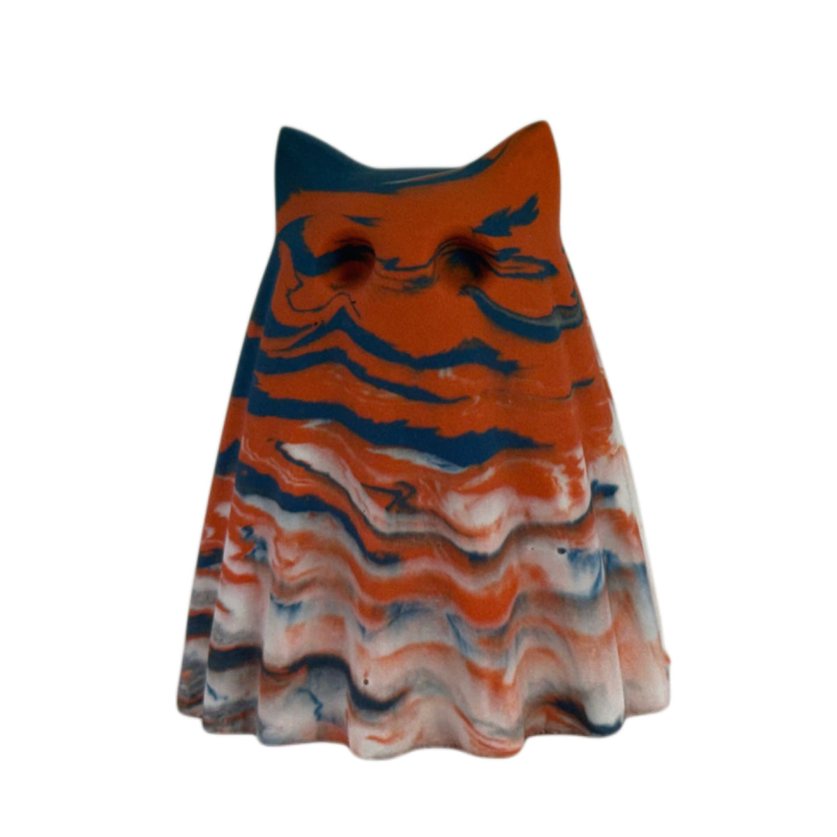 Thornby, Windfall Familiar ghost figurine in burnt orange, old cream and deep blue marbling, front view.