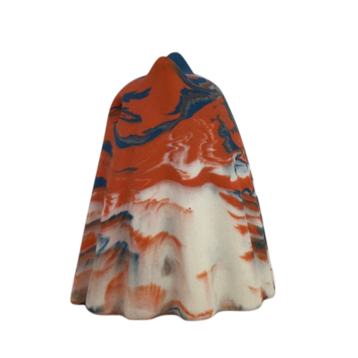 Thornby Windfall Familiar ghost cat figurine, side view showing old cream with burnt orange and deep blue marbling across the crown and outer drape.