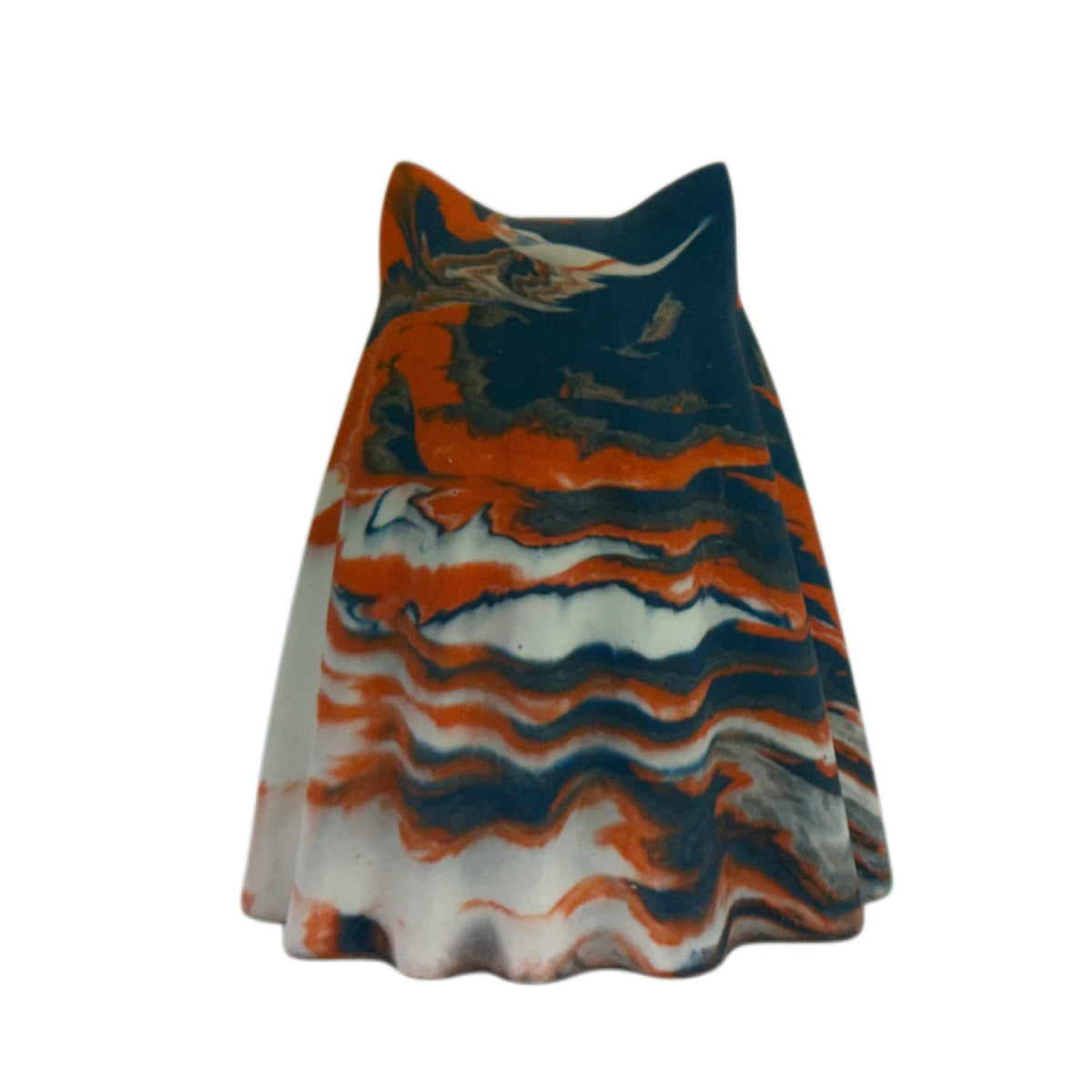 Thornby Windfall Familiar ghost cat figurine, rear view showing old cream with burnt orange and deep blue marbling across the crown and outer drape.