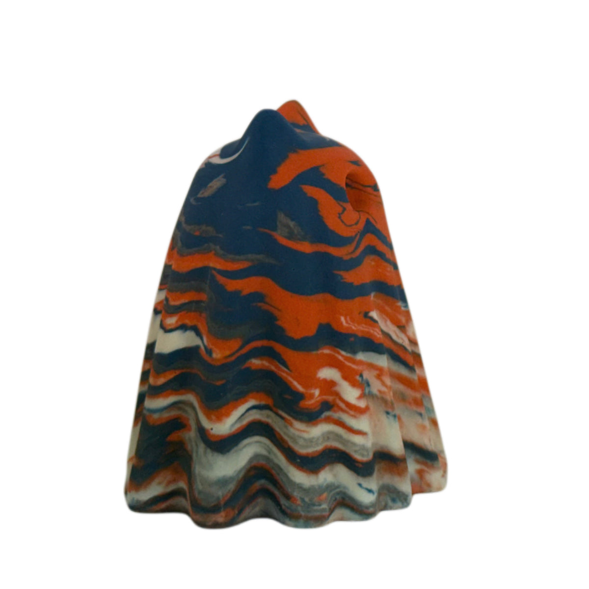 Thornby Windfall Familiar ghost cat figurine, rear view showing old cream with burnt orange and deep blue marbling across the crown and outer drape.
