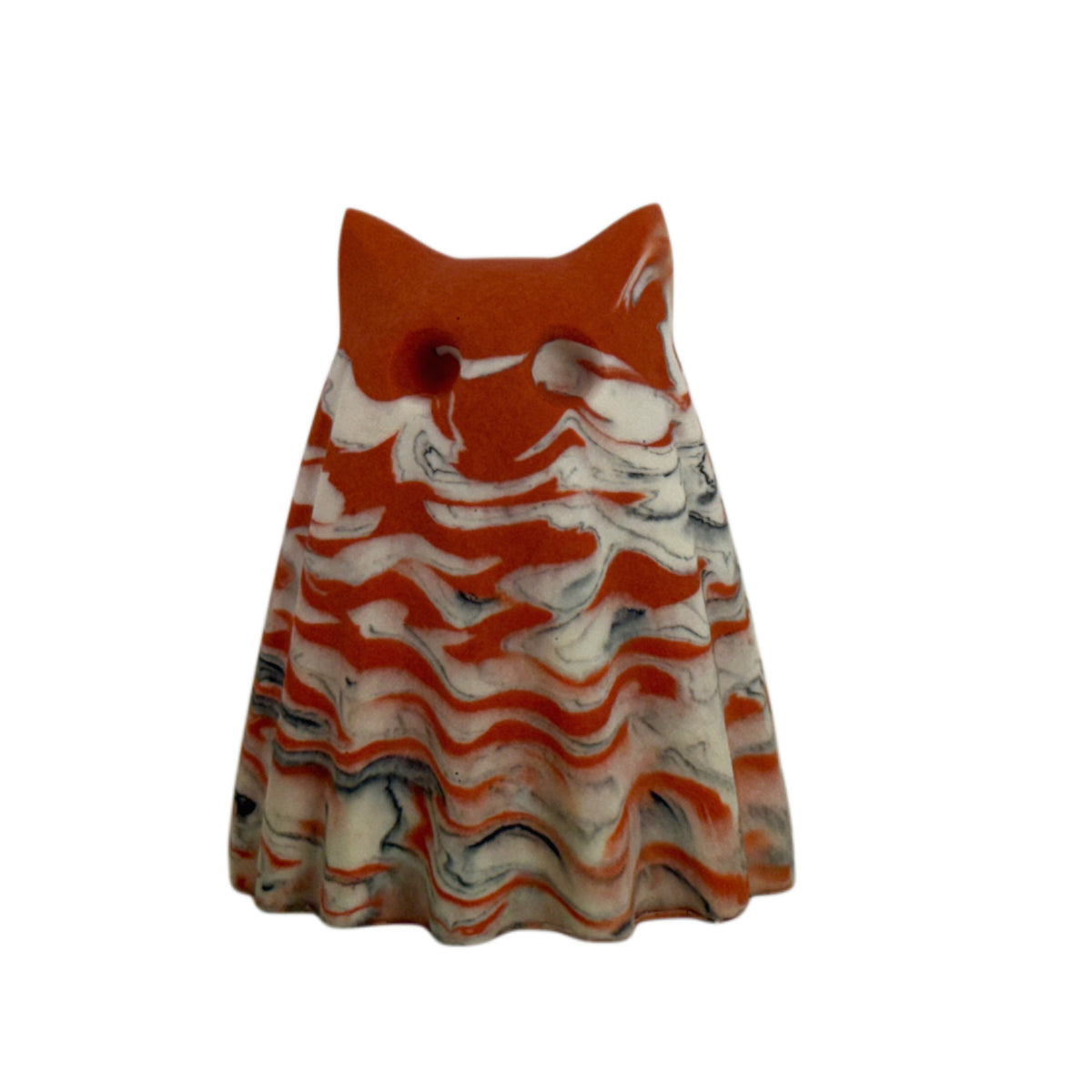 Æble, Windfall Familiar figurine in burnt orange, cream and charcoal marbled finish, front view.
