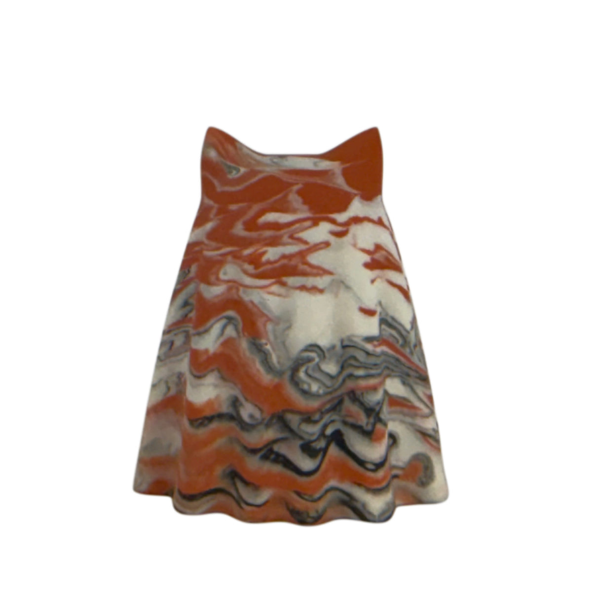 Æble Windfall Familiar figurine, rear view showing layered burnt orange and cream marbling with delicate charcoal veining.