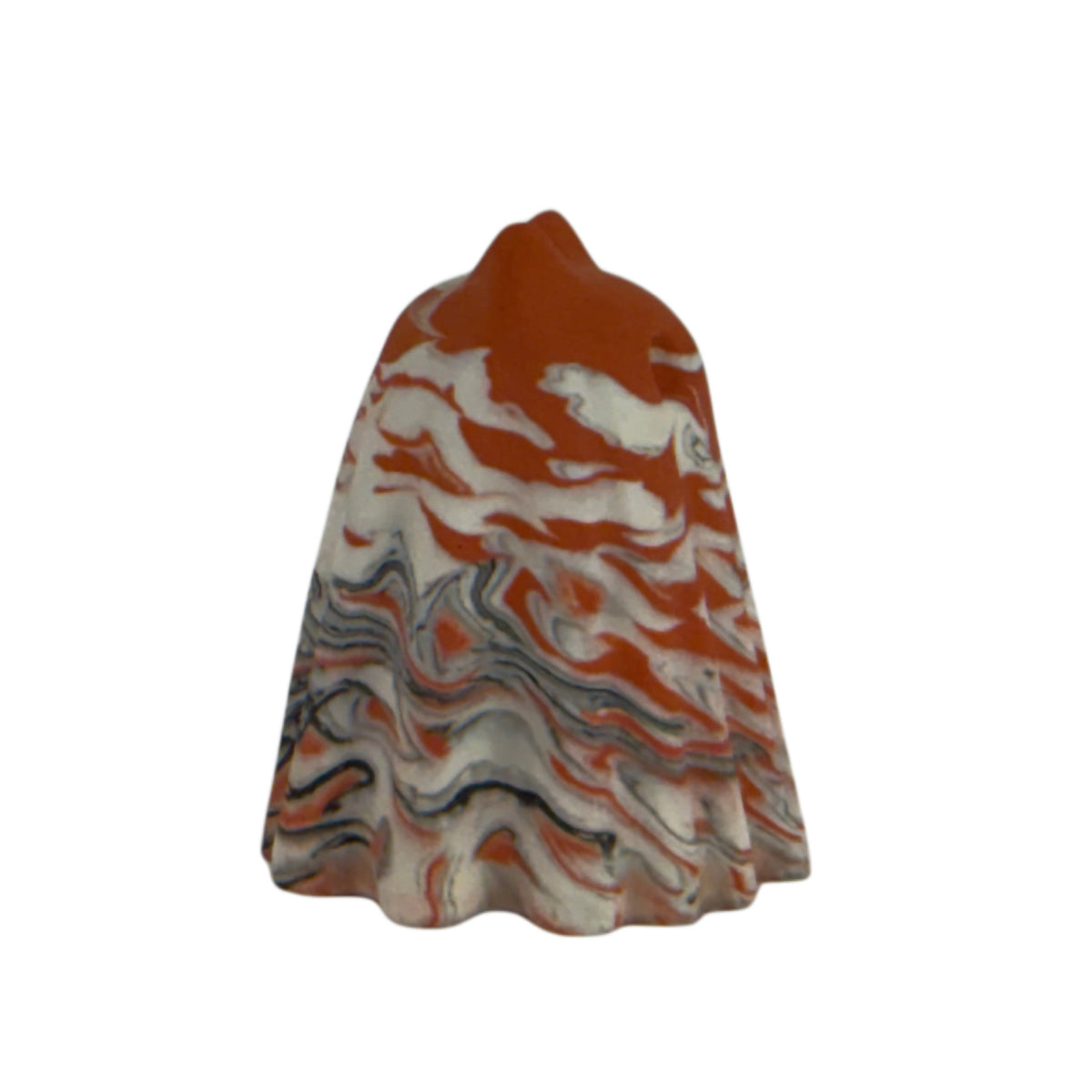 Æble Windfall ghost cat figurine, side view showing layered burnt orange and cream marbling with delicate charcoal veining.