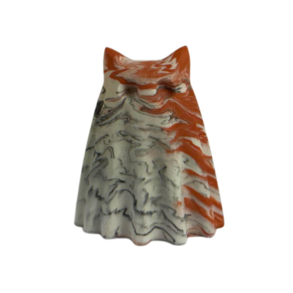 Bojangles, Windfall ghost cat figurine in burnt orange, cream and charcoal marbled finish, front view.