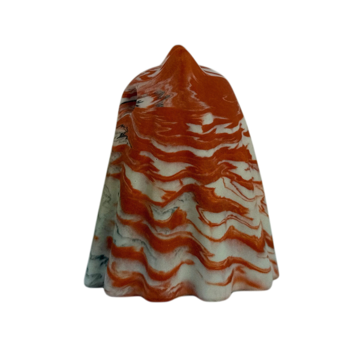 Bojangles Windfall ghost catr figurine, side view showing layered burnt orange and cream marbling with subtle charcoal veining.