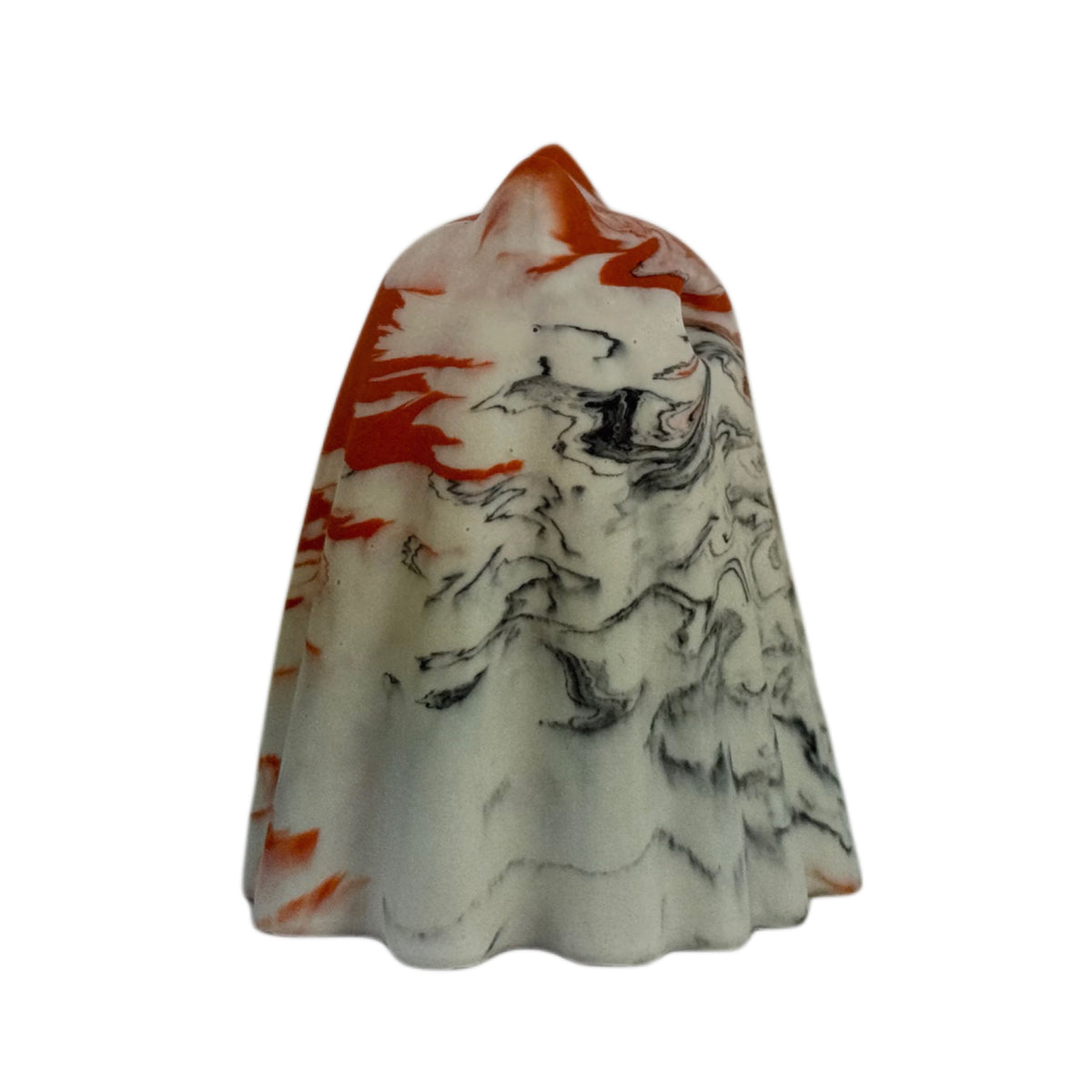 Bojangles Windfall ghost cat figurine, side view showing layered burnt orange and cream marbling with subtle charcoal veining.