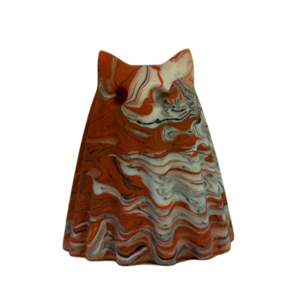 Crumble, Windfall ghost figurine in burnt orange, old cream and charcoal marbling, front view.