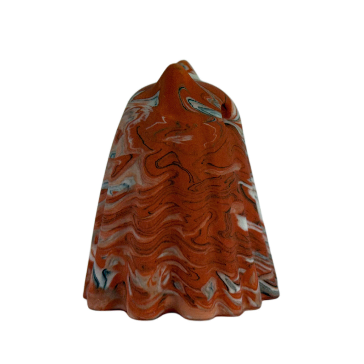 Crumble Windfall ghost figurine, rear view showing dense cream, burnt orange and charcoal swirls across the draped form.