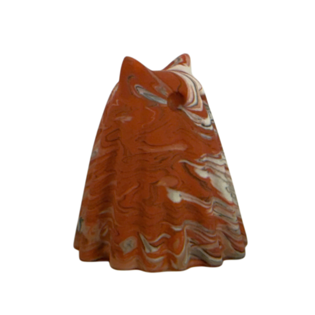 Crumble Windfall ghost figurine, angled side view showing layered orange and cream marbling with fine charcoal veining across the face and body.
