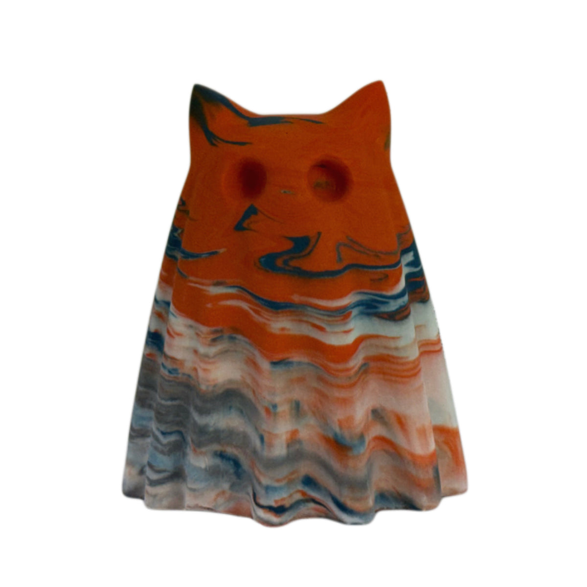 Fenwick Familiar ghost figurine in vivid burnt orange, deep blue-grey, and cream marbling, front view.