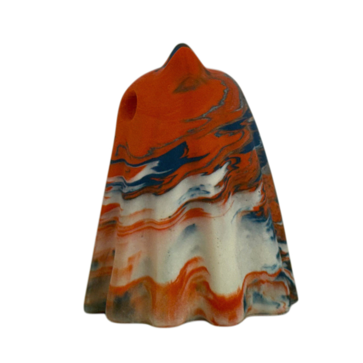 Fenwick Familiar figurine, side view showing a bright orange crown with layered cream and smoky blue-grey marbling through the body.