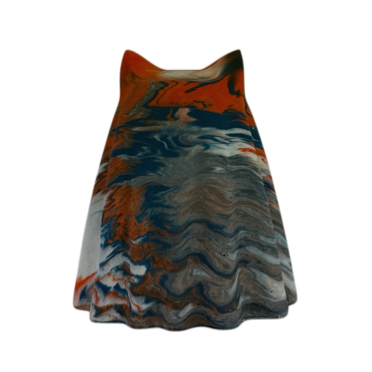 Fenwick Familiar figurine, rear angled view showing flowing burnt orange, cream, and blue-grey marbling across the back.