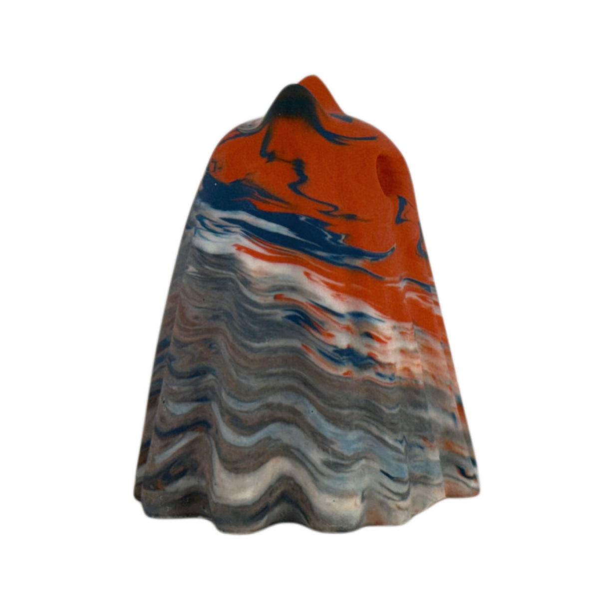 Fenwick Familiar figurine, side view showing a bright orange crown with layered cream and smoky blue-grey marbling through the body.