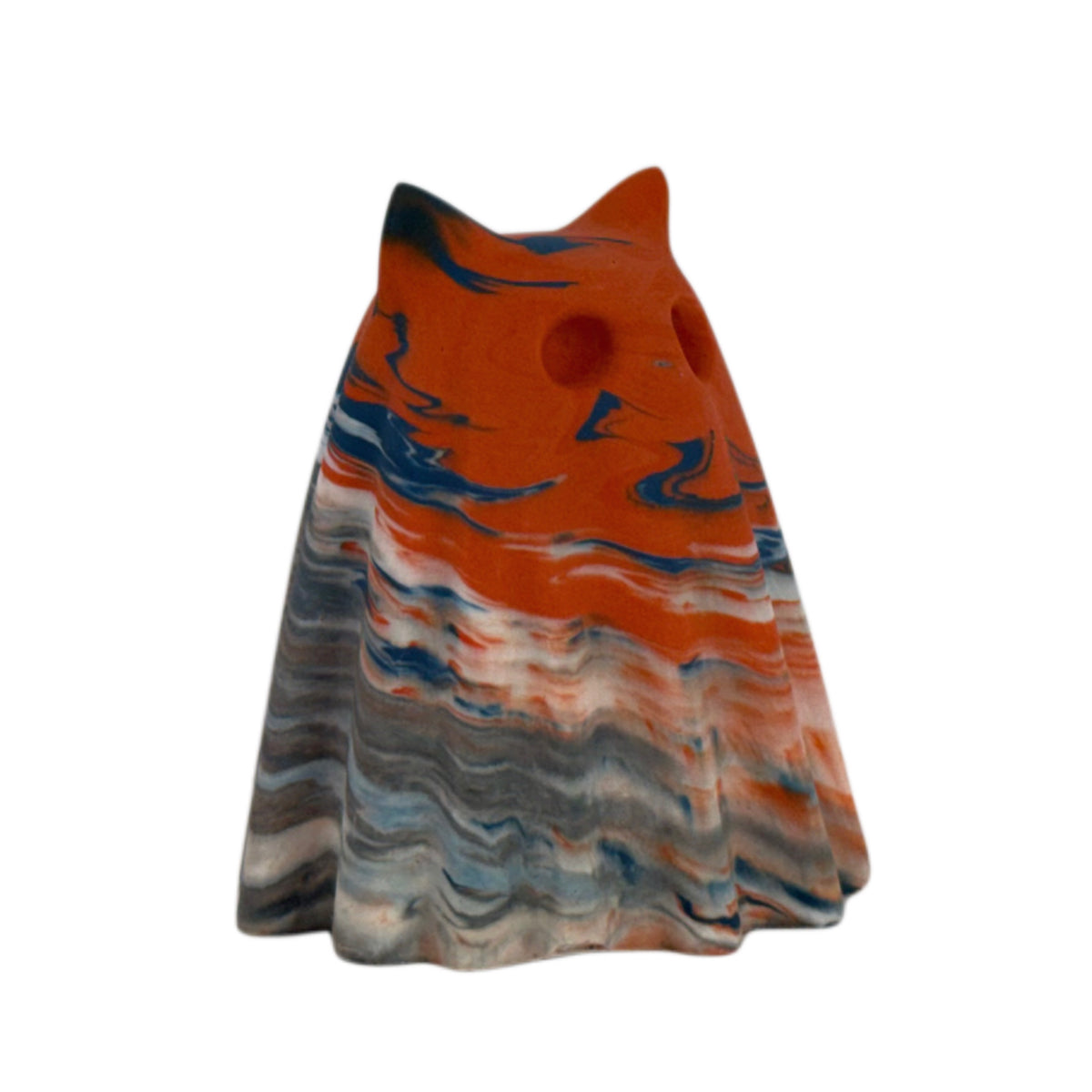 Fenwick Familiar figurine, angled side view showing a bright orange crown with layered cream and smoky blue-grey marbling through the body.
