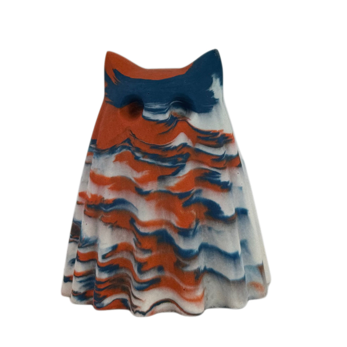 Fig, Windfall Familiar ghost figurine in deep blue, burnt orange and old cream marbling, front view.