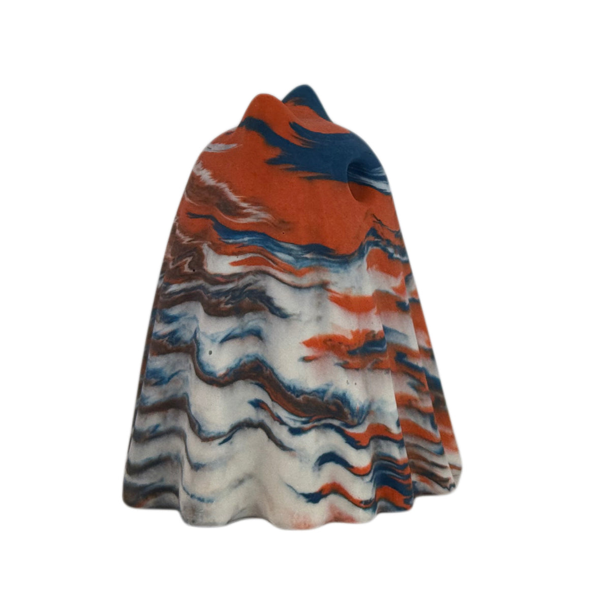 Fig Windfall Familiar ghost figurine, side view showing deep blue across the head with burnt orange and cream marbling flowing down the body.
