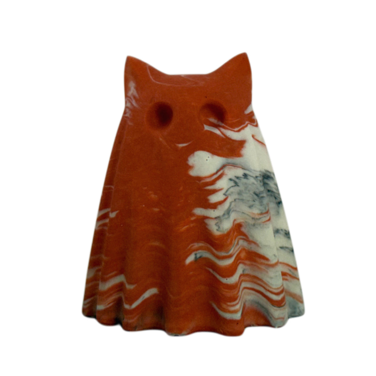 Porridge, Windfall ghost cat figurine in burnt orange, old cream and charcoal marbling, front view.