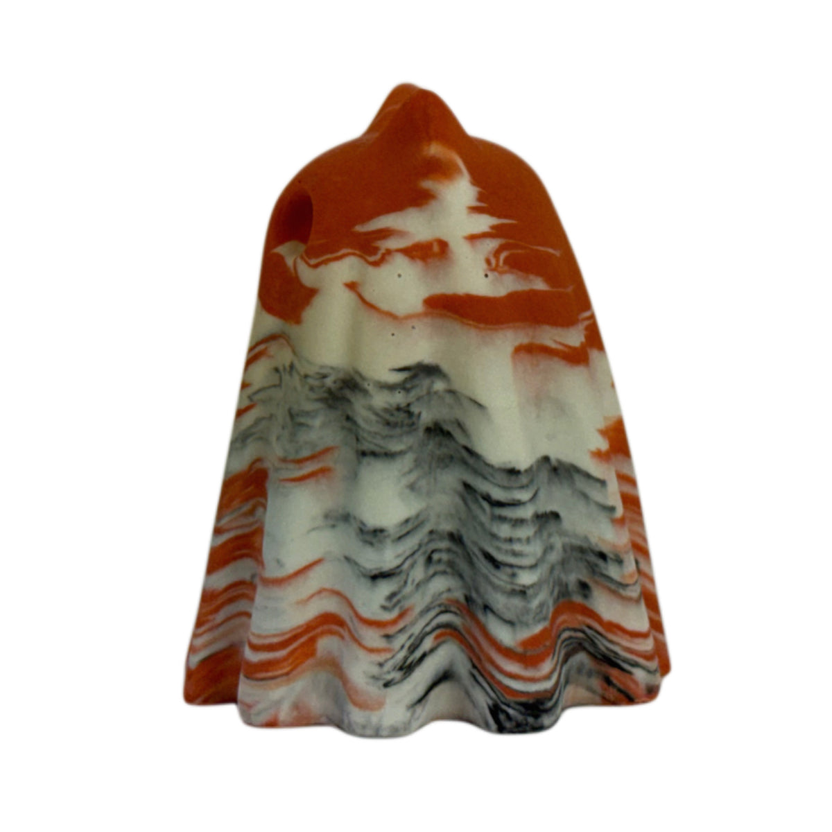 Porridge Windfall Familiar ghost cat figurine, side view showing layered burnt orange, cream and charcoal marbling across the draped form.