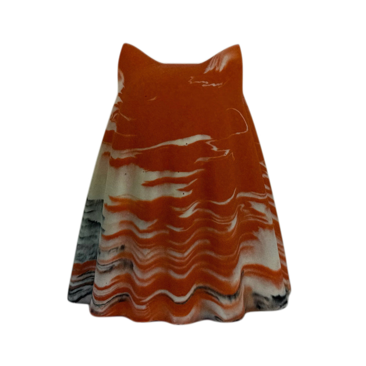 Porridge Windfall Familiar ghost cat figurine, rear view showing layered burnt orange, cream and charcoal marbling across the draped form.