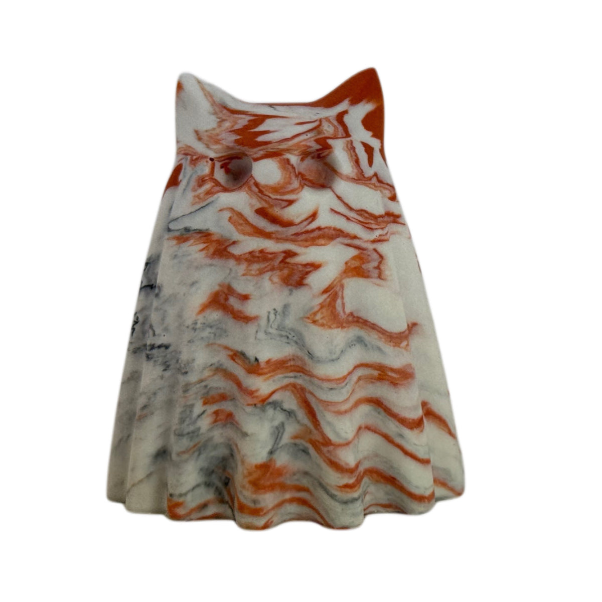 Turnip, Windfall Familiar ghost cat figurine in old cream, burnt orange and charcoal marbling, front view.