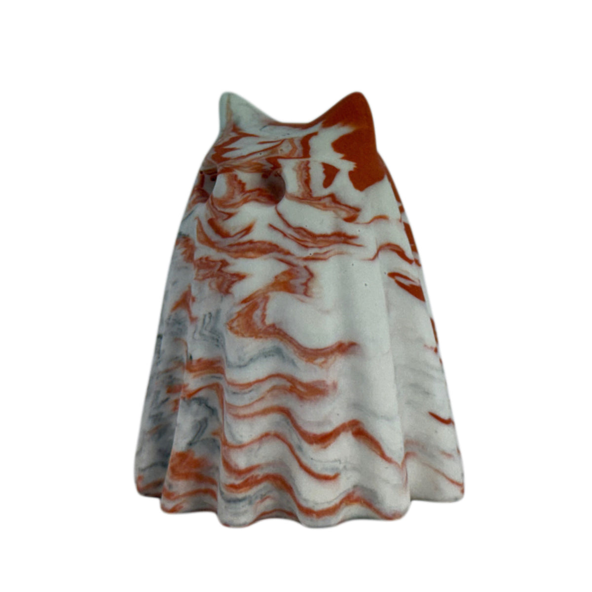 Turnip Windfall Familiar ghost cat figurine, angled side view showing pale cream marbling with burnt orange across the head and fine charcoal detail through the lower body.
