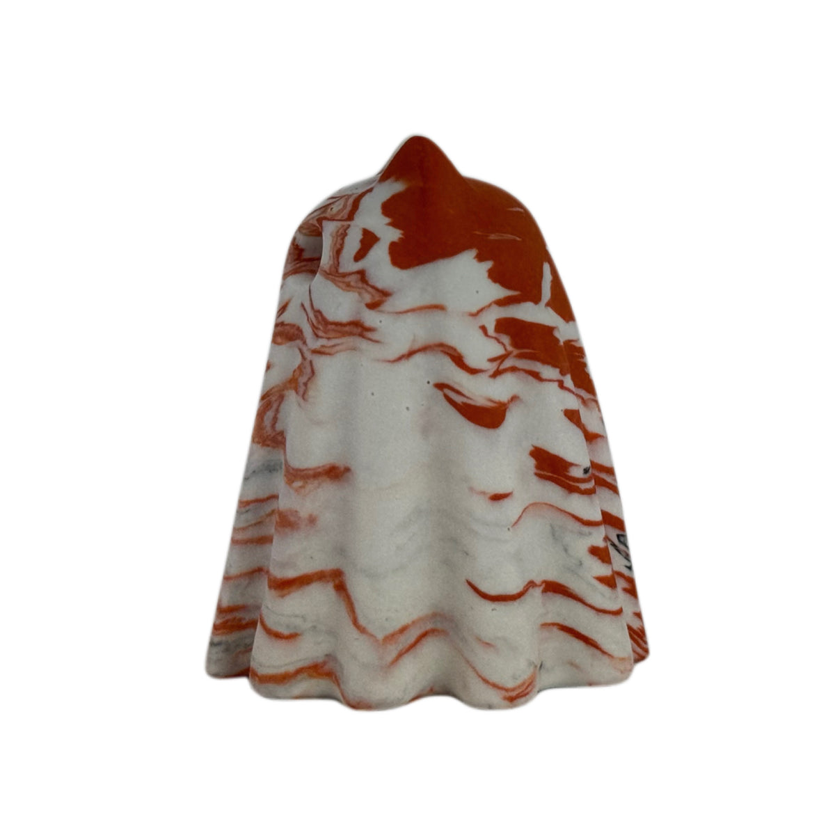 Turnip Windfall Familiar ghost cat figurine, side view showing soft cream with burnt orange markings and subtle charcoal marbling along the draped form.