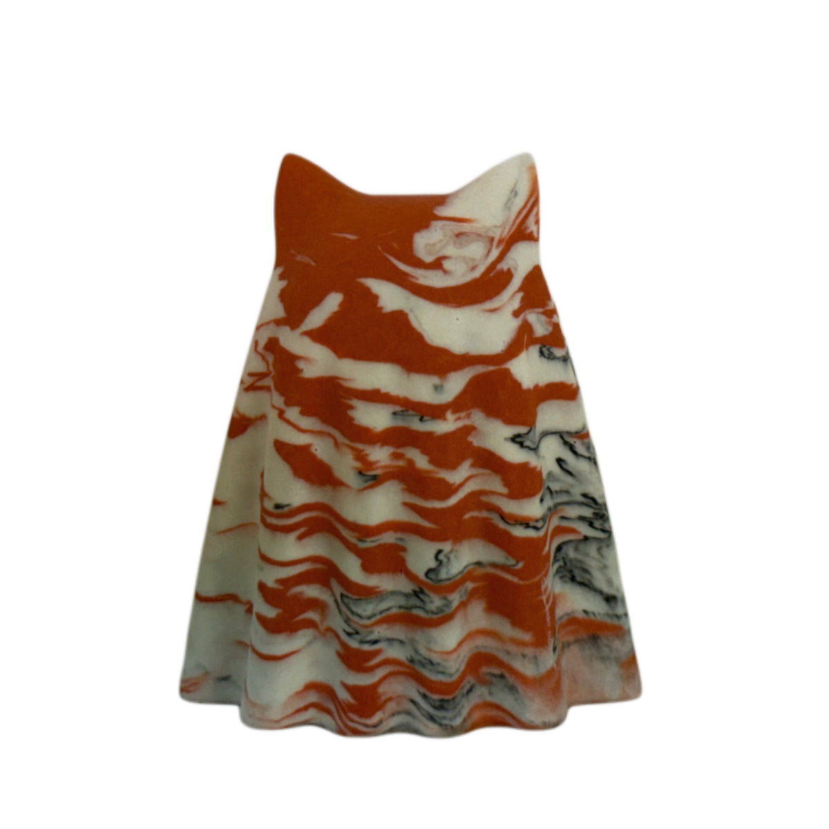 Turnip Windfall Familiar ghost cat figurine, rear view showing soft cream with burnt orange markings and subtle charcoal marbling along the draped form.