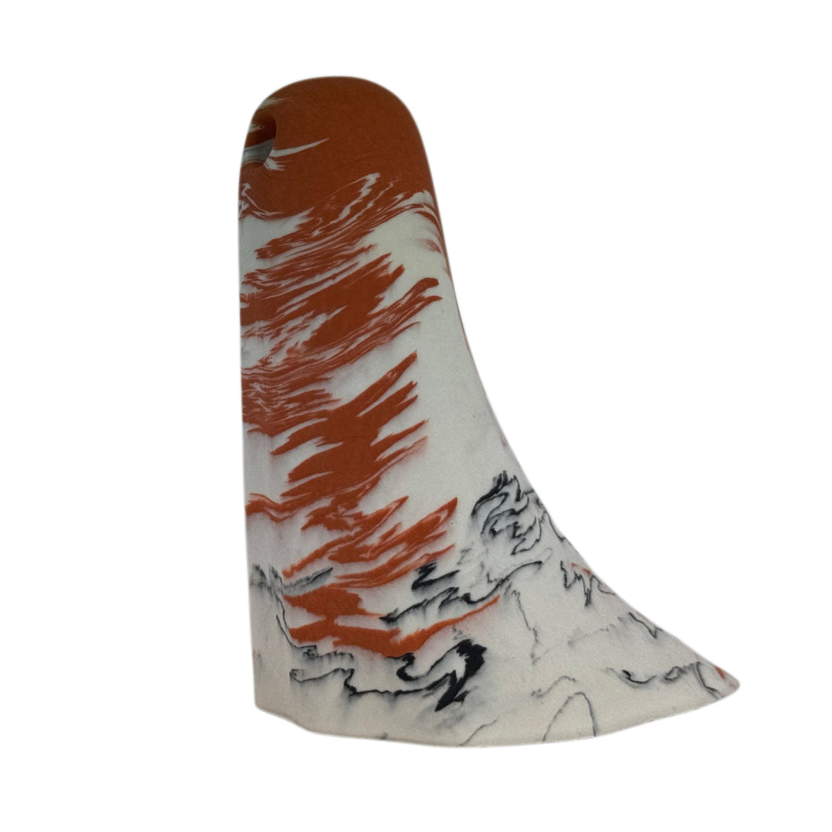 Asta Windfall Ghost figurine, side view showing sweeping burnt orange marbling over a cream body with delicate charcoal detailing along the lower edge
