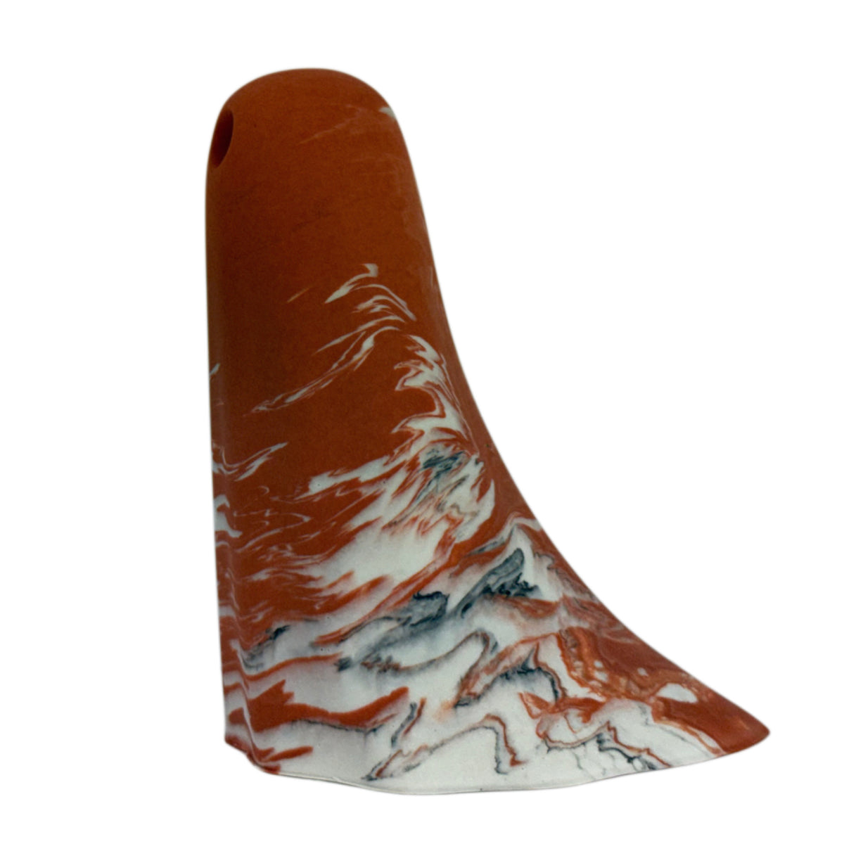 Bran Windfall Ghost figurine, side view showing cream body with burnt orange and charcoal marbling sweeping across the crown and lower edge.