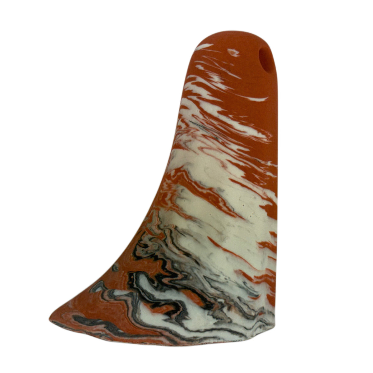 Bran Windfall Ghost figurine, side view showing cream body with burnt orange and charcoal marbling sweeping across the crown and lower edge.