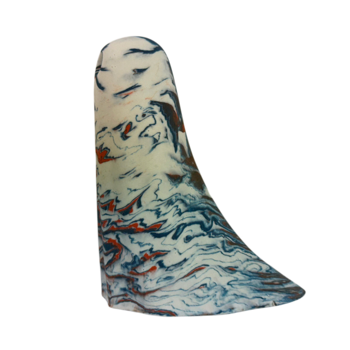 Halrik Windfall Ghost figurine, side view showing pale cream with fine deep blue and burnt orange marbling flowing across the lower body.